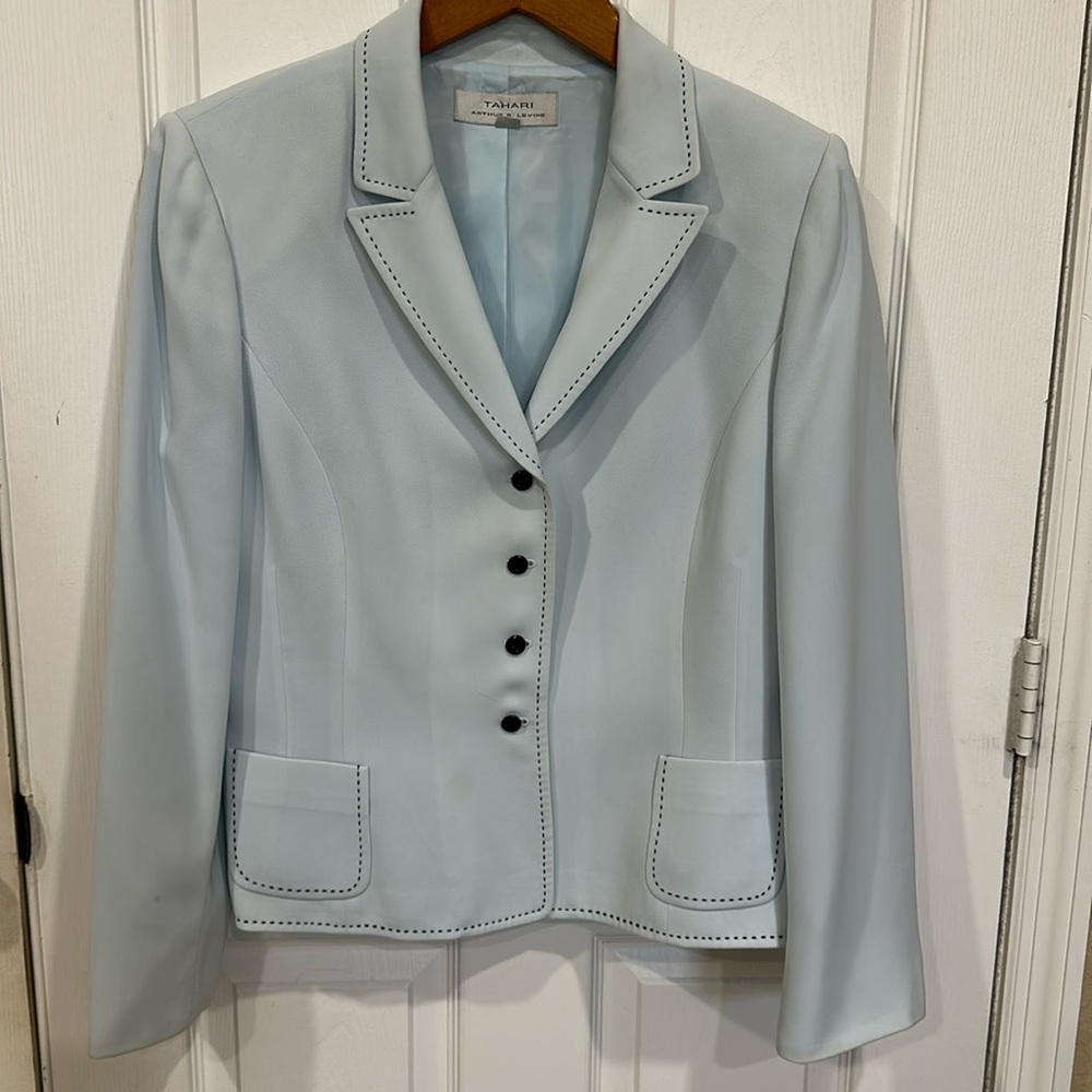 Tahari Arthur Levine powder blue with black stitch detail blazer.